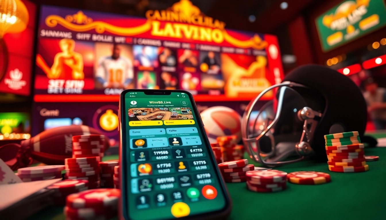 Dynamic online betting scene featuring winvn88.live app with casino games and sports action.