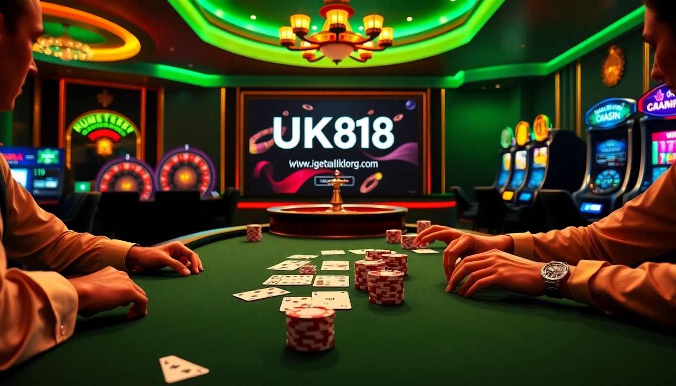 Experience the excitement at UK88 link with vivid gambling visuals of poker and roulette.