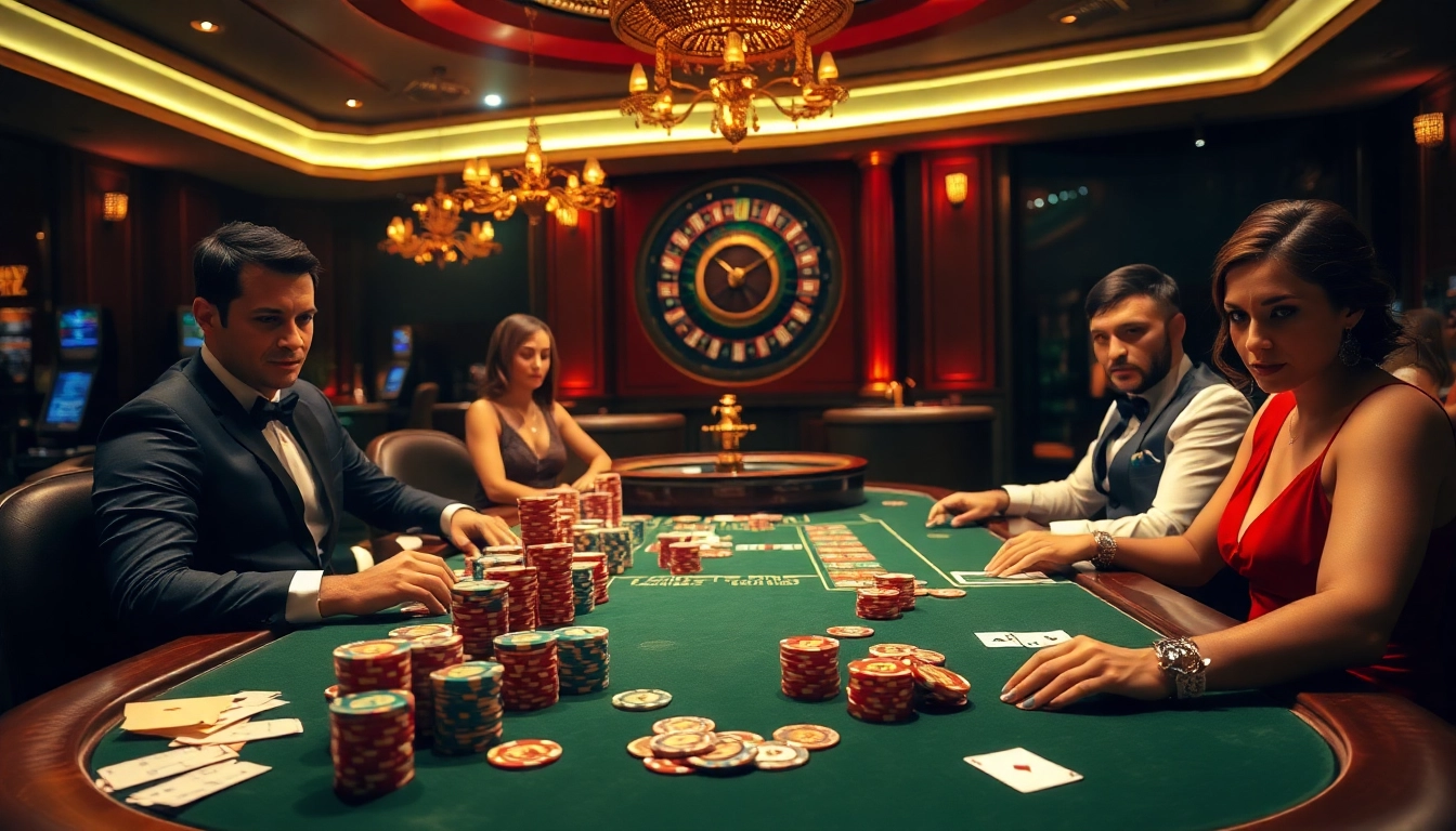 Intense poker action at 69vn.gb.net with dealers, chips, and roulette wheel in a luxury atmosphere.