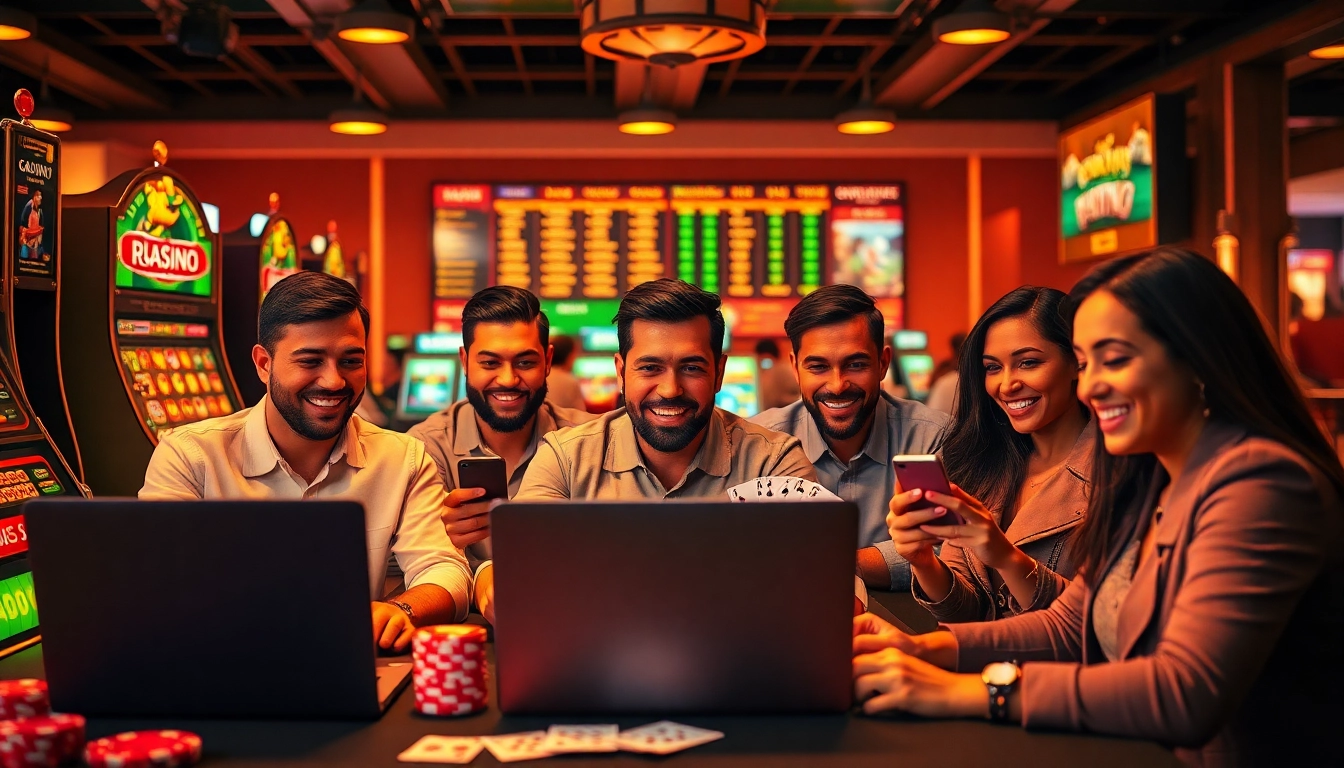 Engaging players enjoying the thrill of 566.com game on various devices, showcasing vibrant casino elements.