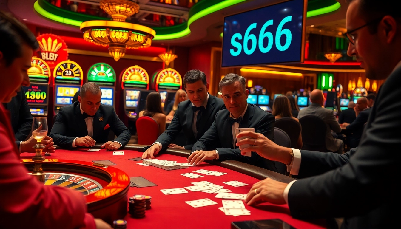 Engaged players at the s666 poker table in a luxurious casino atmosphere, highlighting the thrill of gambling.