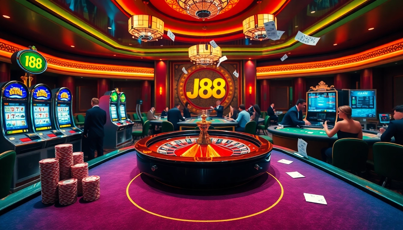 Experience thrilling j88 gaming excitement at luxurious casino tables with vibrant roulette and slot machines.