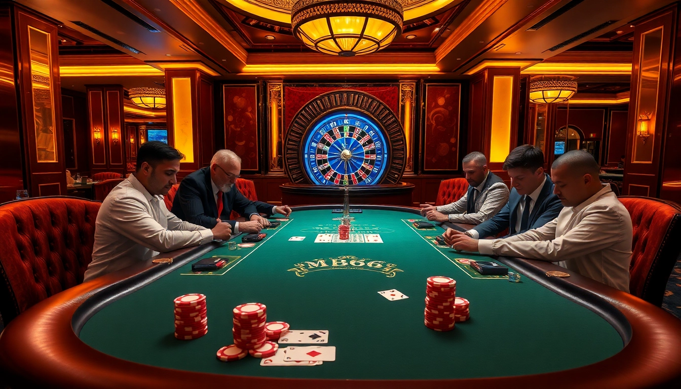 Players engage in an exciting poker game at MB66 casino, showcasing vibrant chips and cards.