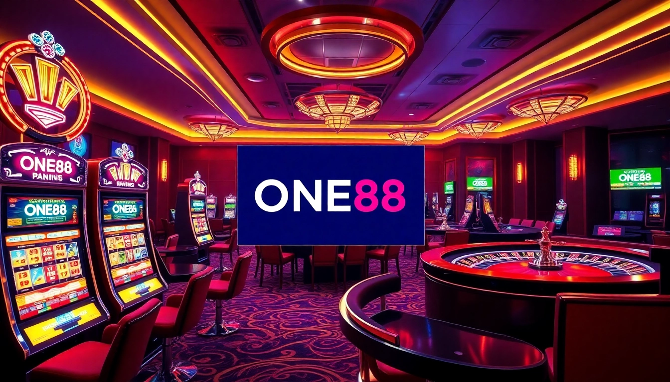 ONE88 offers an exciting online gambling experience with vibrant casino elements like slots and poker tables.